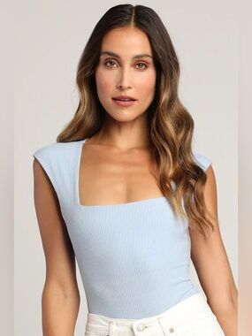Lulus Sweet Crush Light Blue Ribbed Square Neck Bodysuit, size L